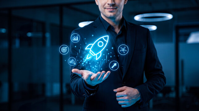 Business startup rocket launch concept featuring glowing blue trajectory icons symbolizes rapid growth and success.