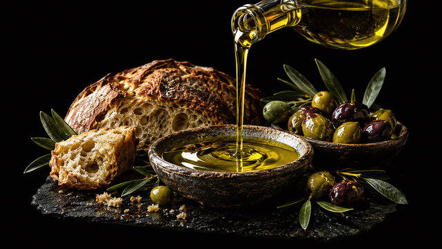 Olive oil and bread dark macro dark moody overhead composition traditional cuisine food photography