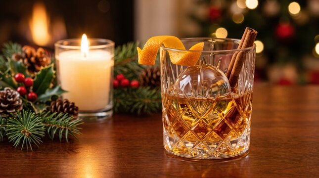 A cozy holiday scene featuring a glass of whiskey with an orange peel and cinnamon stick, set beside a lit candle and festive pine and berry decorations.