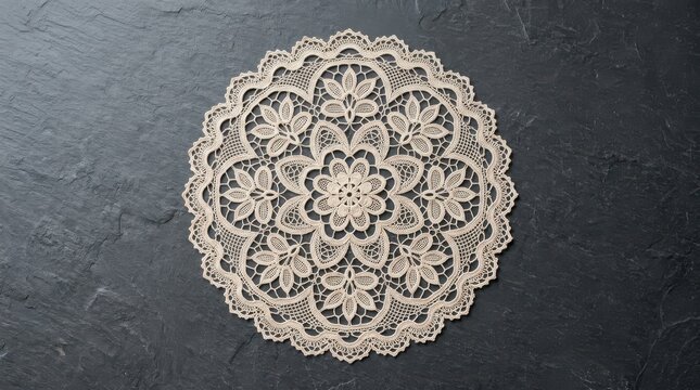 Elegant Circular Lace Doily with Intricate Floral Pattern Centered on a Dark Textured Surface Handcrafted Vintage Textile Ornament for Home Decor