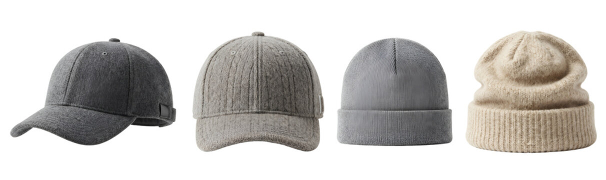Four different stylish winter hats and caps including dark grey baseball caps and beige knitted beanies displayed isolated on transparent background