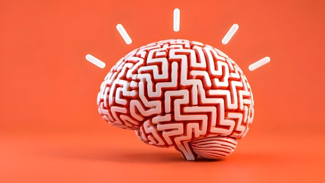 Creative 3D maze brain concept on orange background with light rays symbolizing human intelligence problem solving idea generation and innovation