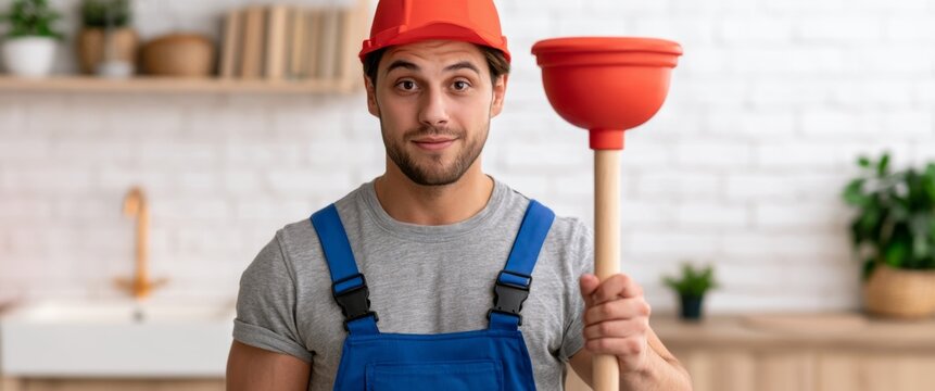 Young man plumber holding a plunger and smiling in a modern kitchen  