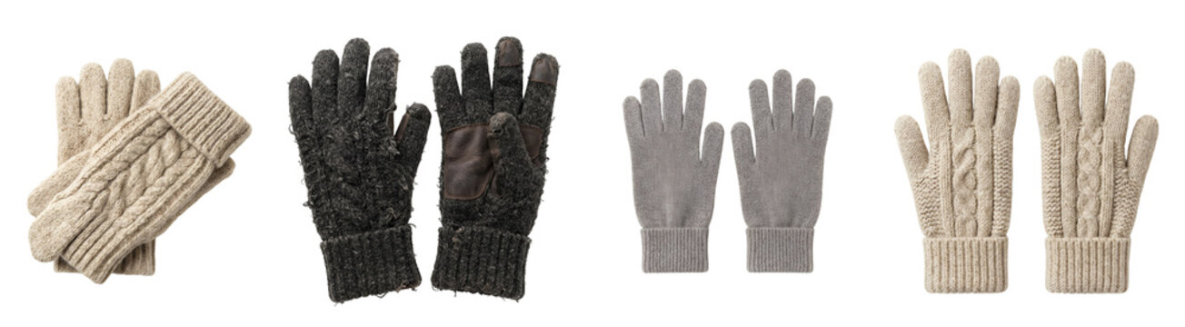 Various winter gloves collection featuring knitted beige wool fabrics and dark textured outdoor apparel items isolated on transparent background
