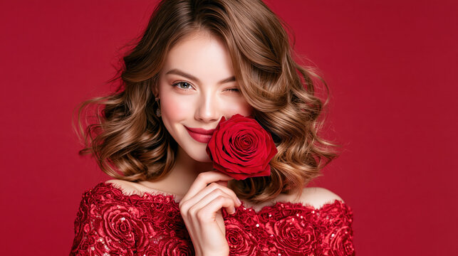 Woman, red dress, rose, curly hair, beauty portrait
