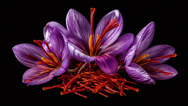 Saffron crocus harvest macro extreme detail dark background rare botanical specimen