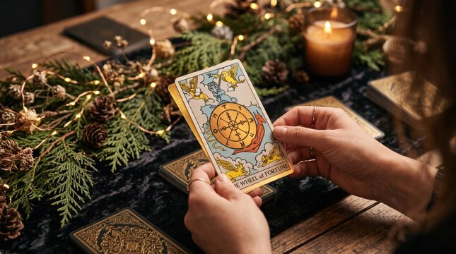 A person holds the Wheel of Fortune tarot card amid a cozy setup with pine branches, candles, and tarot decks on a wooden table.