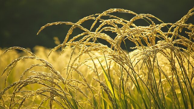 bending. Golden rice stalks sway in the wind under soft morning light, a serene agricultural landscape. safety posters.