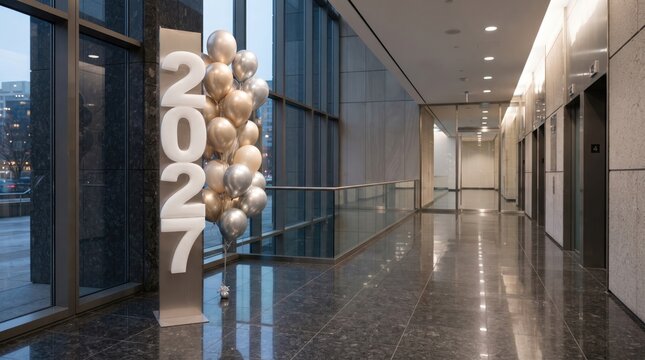 Modern hotel corridor with large windows and room number two zero two, new year 2027 concept