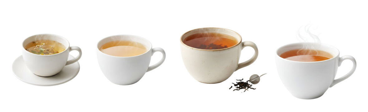 Various hot herbal and black tea cups with steaming liquid arranged in a horizontal collection isolated on transparent background