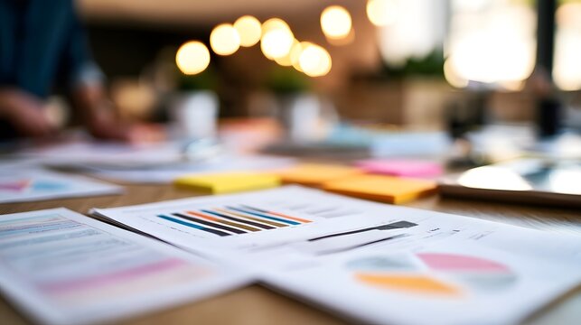 Business documents with charts and sticky notes on a wooden desk in a warmly lit office environment