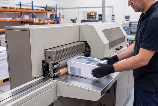 Worker Feeding Booklet Into Binding Machine