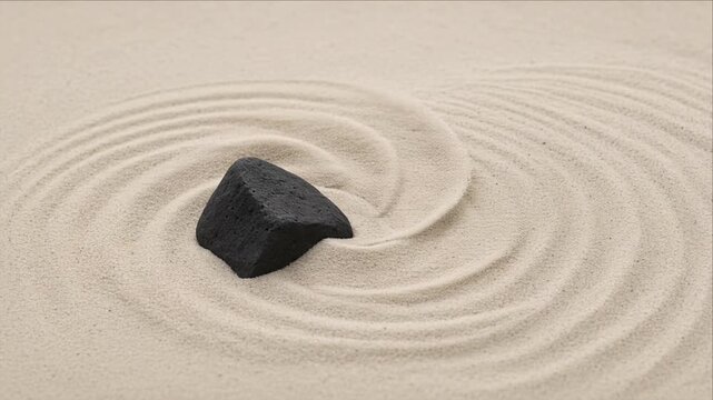 Minimal black stone top view on raked sand, calm abstract circle ripples, smooth texture background, balanced minimal design for meditation, mindfulness, and serene natural visual композиtion