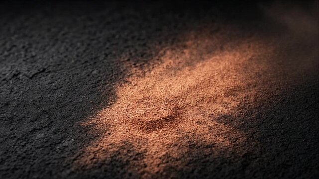 Copper Light Top View Reveals Rough Texture on Dark Background, Minimal Abstract Orange Powder Mound with Airborne Particles, Warm Atmospheric Surface and Dramatic Industrial Contrast for Design Use