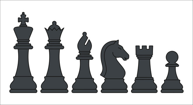A collection of gray chess pieces including a king queen bishop knight rook and pawn is displayed chessmen chessboard game strategy tactics dark gray silhouettes flat design