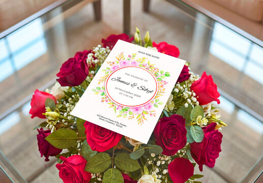 Elegant Wedding Invitation Card Mockup on Red Roses