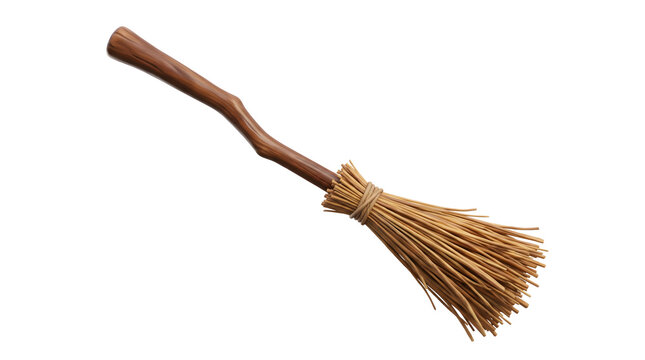 A classic wooden broomstick with natural straw bristles, often associated with magic and folklore, isolated on a clean white background.