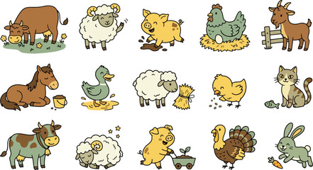 Obraz premium A delightful collection of charming cartoon farm animals featuring smiling cows, fluffy sheep, playful pigs, cheerful birds, and friendly pets displaying joyful expressions throughout