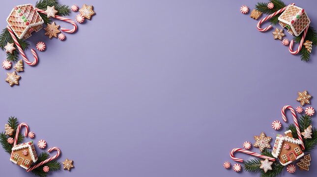 Four corners with christmas gingerbread houses, candy canes and cookies on purple background.
