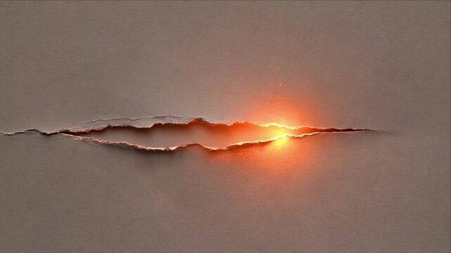 Minimal top view of torn paper texture with glowing orange light through narrow tear opening, creating warm abstract background, dramatic contrast, rough paper rip detail, neutral composition