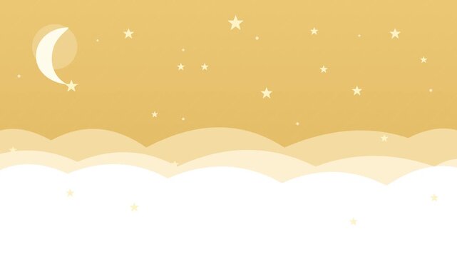 Minimalist flat vector illustration of a night sky with a crescent moon and stars above soft clouds.