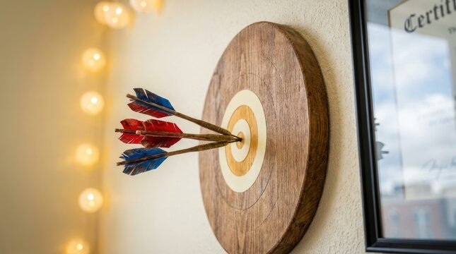 Three arrows piercing the center of a round wooden target on a wall