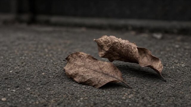 Autumn Leaf Top View, Dry Leaf Texture on Dark Surface Pavement, Minimal Fallen Leaf Background with Muted Brown Tones and Quiet Natural Autumn Atmosphere