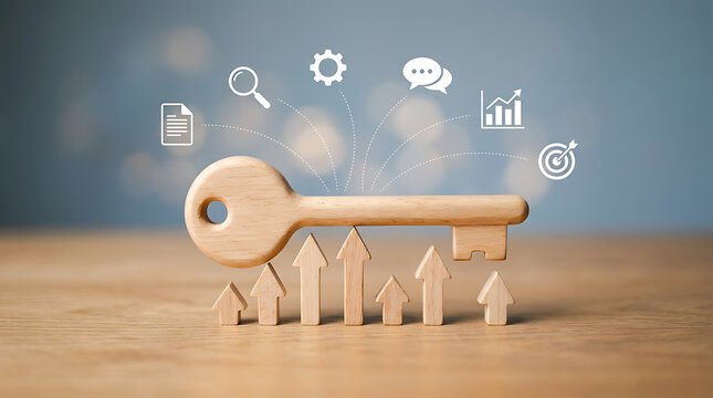 Wooden key supported by rising arrows with business icons