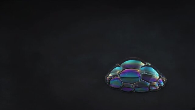 Minimal Top View Iridescent Turtle Shell Colorful Texture Dark Background with Soccer Ball and Beetle Shell Forms Creating Mysterious Nature Sports Still Life Visual for Design Themes