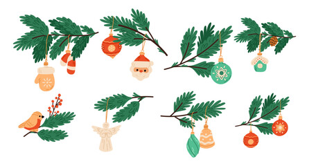 Obraz premium Christmas branches with ornaments. New Years decorations on pine branches. Holiday garlands. Glass balls. Fir tree arrangement with festive accessories. Plant twigs. Xmas decor vector set
