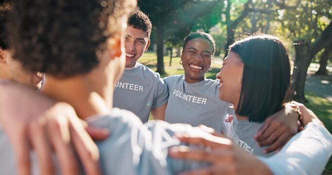 Volunteer, huddle and solidarity with group, outdoor and teamwork for community service or nonprofit. Park, collaboration and happy people with social responsibility, laughing and unity for charity
