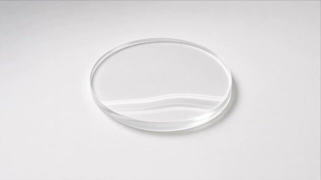 Top View Minimal Clear Transparent Circular Glass Dish with Smooth Texture on Clean White Background, Soft Shadow, Subtle Reflection, Laboratory Kitchen Display Product Presentation Object Scene