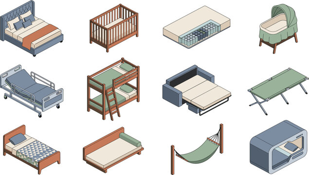 Isometric Bed Furniture Vector Icon Set with Double Bed Crib Mattress Bunk Bed Sofa Medical Hospital Bed Hammock and Sleeping Pod Symbols for Interior Design Layouts