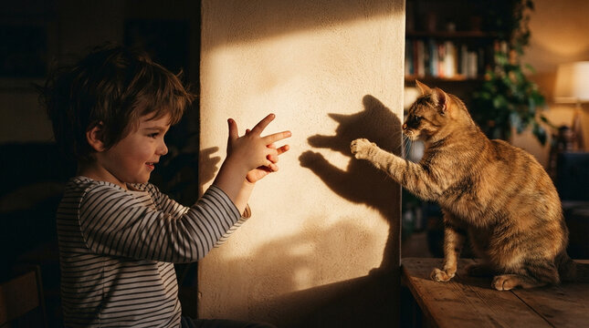Young boy and cat play shadow puppets on wall with warm sunlight indoors