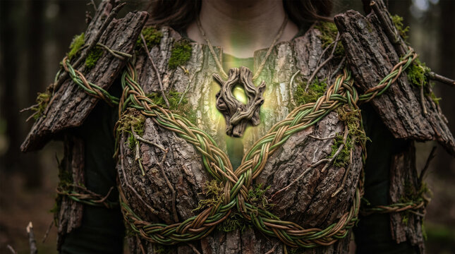 Dryad Forest Druid Tree Bark Armor Corset with Moss Braided Vines and Glowing Magic Amulet