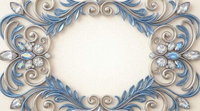 Elegant Silver and Blue Ornate Floral Frame with Sparkling Gemstones and Crystals Luxury Decorative Border for Wedding Invitation or Greeting Card