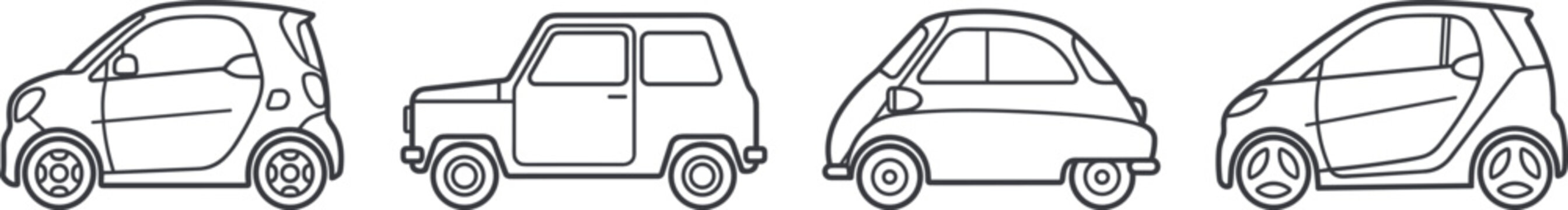 Mini and Smart Car Line Art Vector Icon Set Featuring Compact Electric Vehicles and Retro Microcars for Urban Transportation Graphic Layouts