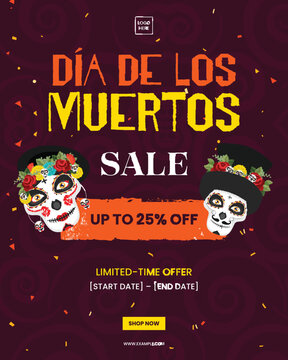 Dia de los Muertos Festival Sale Template Design with Up to 25 Percent Off.