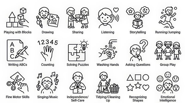 Illustrated icons depicting various educational and learning activities for children.
