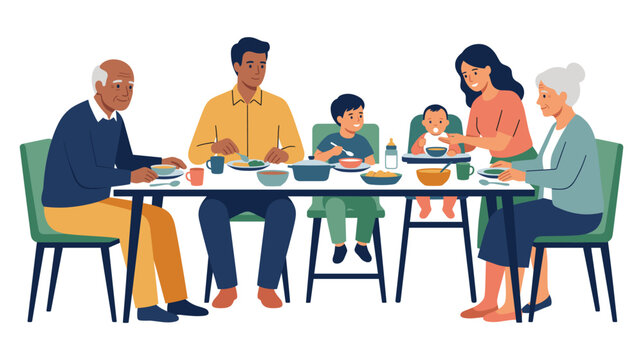 Happy multi generation family eating dinner together at table scene.