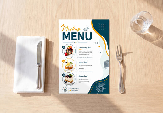 Realistic Food Menu Mockup on Wooden Table