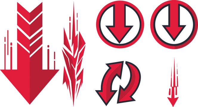 Red Downward Arrow Vector Icon Set with Speed Motion Chevron Circular Pointer Loop and Sharp Tech Symbols for Gaming Interface and Cyberpunk Graphic Designs