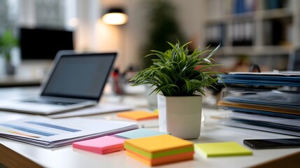 Fototapeta premium A modern office desk with a potted plant colorful sticky notes and a laptop computer in a bright workspace