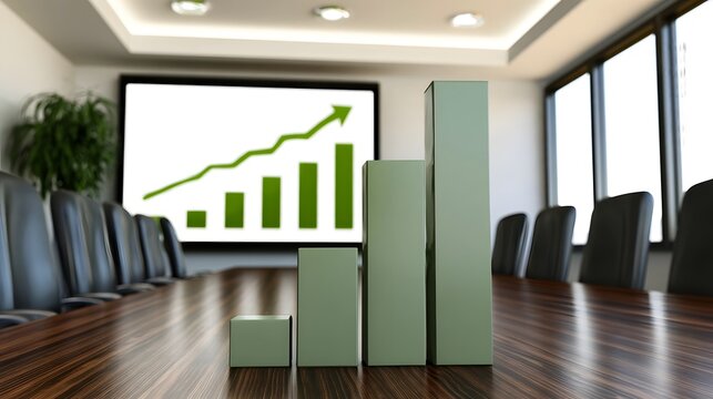 Green bar chart model on wooden conference table with upward trend graph projected on screen in modern office space