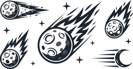 Vintage Meteorite and Comet Tattoo Graphic Set with Burning Flaming Asteroids Falling Stars and Speeding Crescent Moon Outer Space Elements © Nurchhana
