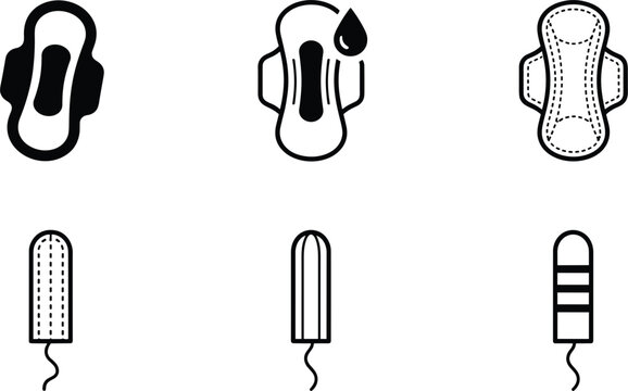 Feminine hygiene sanitary pads and tampons icon set woman monthly menstruation period protection line symbols.