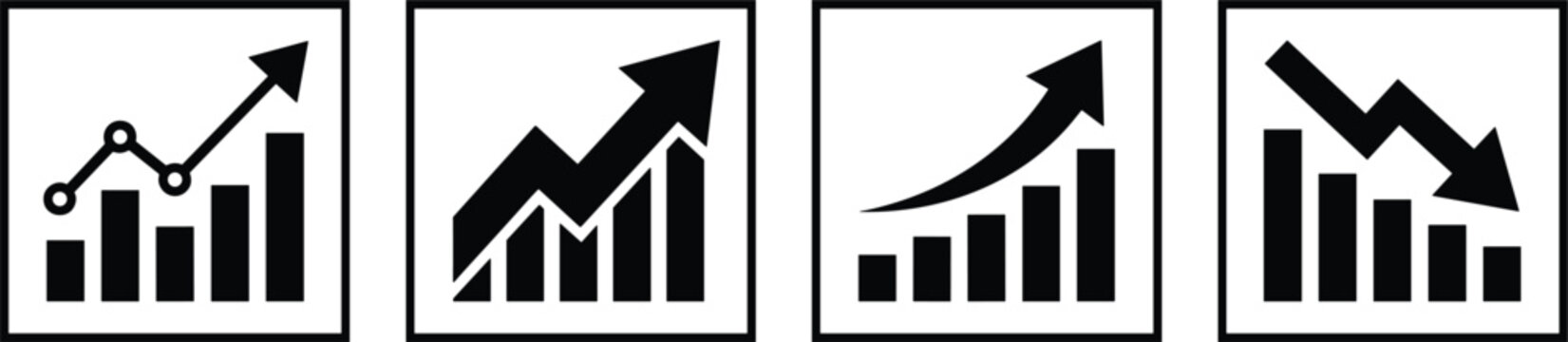Financial stock market graph collection showing upward trends and downward loss arrow charts inside square frames vector.