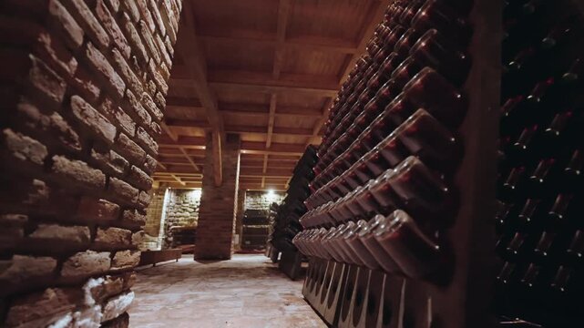 Triangular wooden riddling racks packed with bottles stand beside an old wine press in a warm lit Georgian cellar.