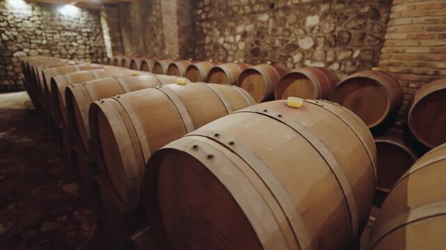 A close view along the curved staves and yellow bungs of oak wine barrels stacked against a rough stone cellar wall.