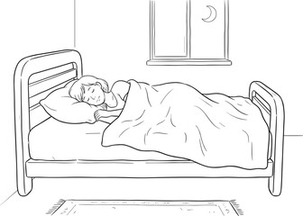 Simple line art vector illustration of a young girl sleeping peacefully in her bed at night under blanket. © MDASIF